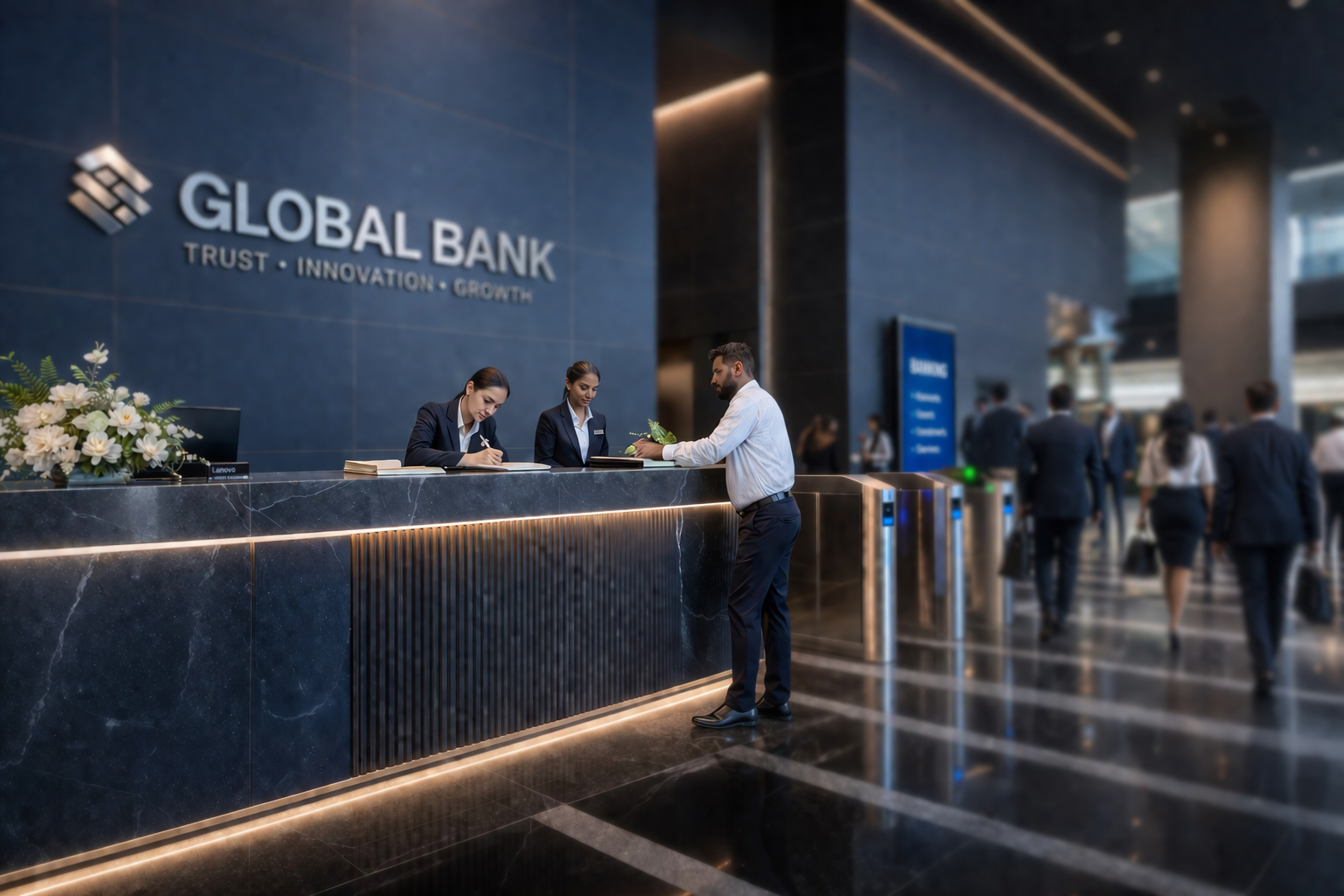 Modern corporate bank lobby atmosphere